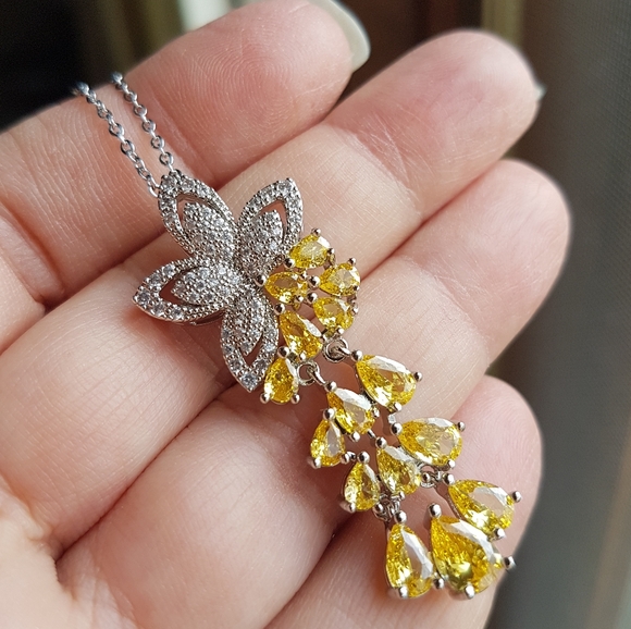 Swarovski Elements 925 Sterling Silver Yellow Citrine Pave Flower Necklace NEW - Picture 1 of 9